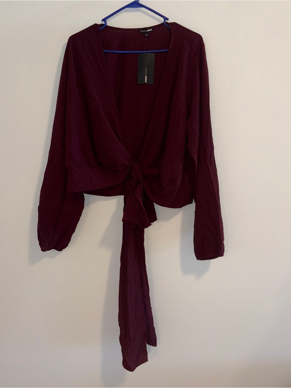 NWT Fashion Nova Deep Burgundy Tie-Front Long Sleeve Sheer Blouse Size: 1X